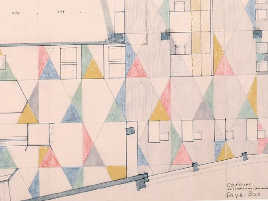 Gerrit Rietvelds originele kleurontwerp voor de UNESCO Press Room in Parijs
